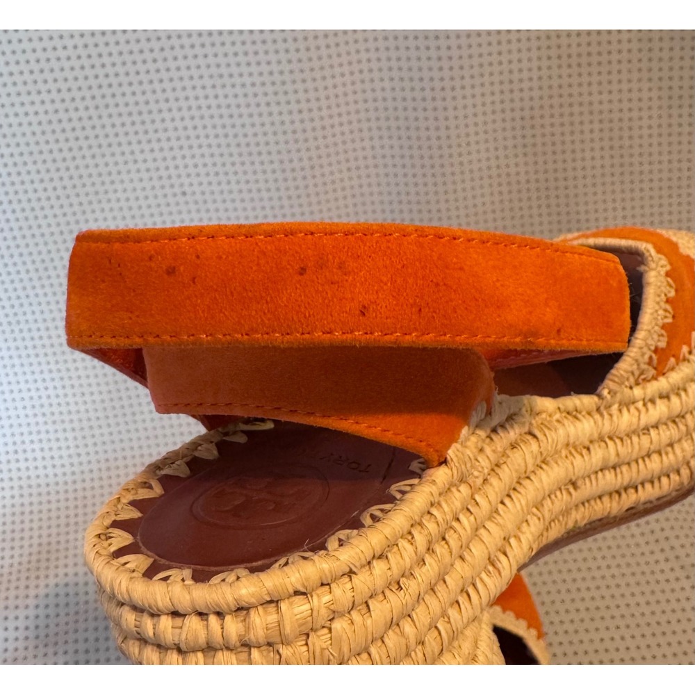 Tory Burch Orange Suede Espadrille Wedge Sandals 6.5 Whipstitch Ankle Strap - Picture 6 of 6